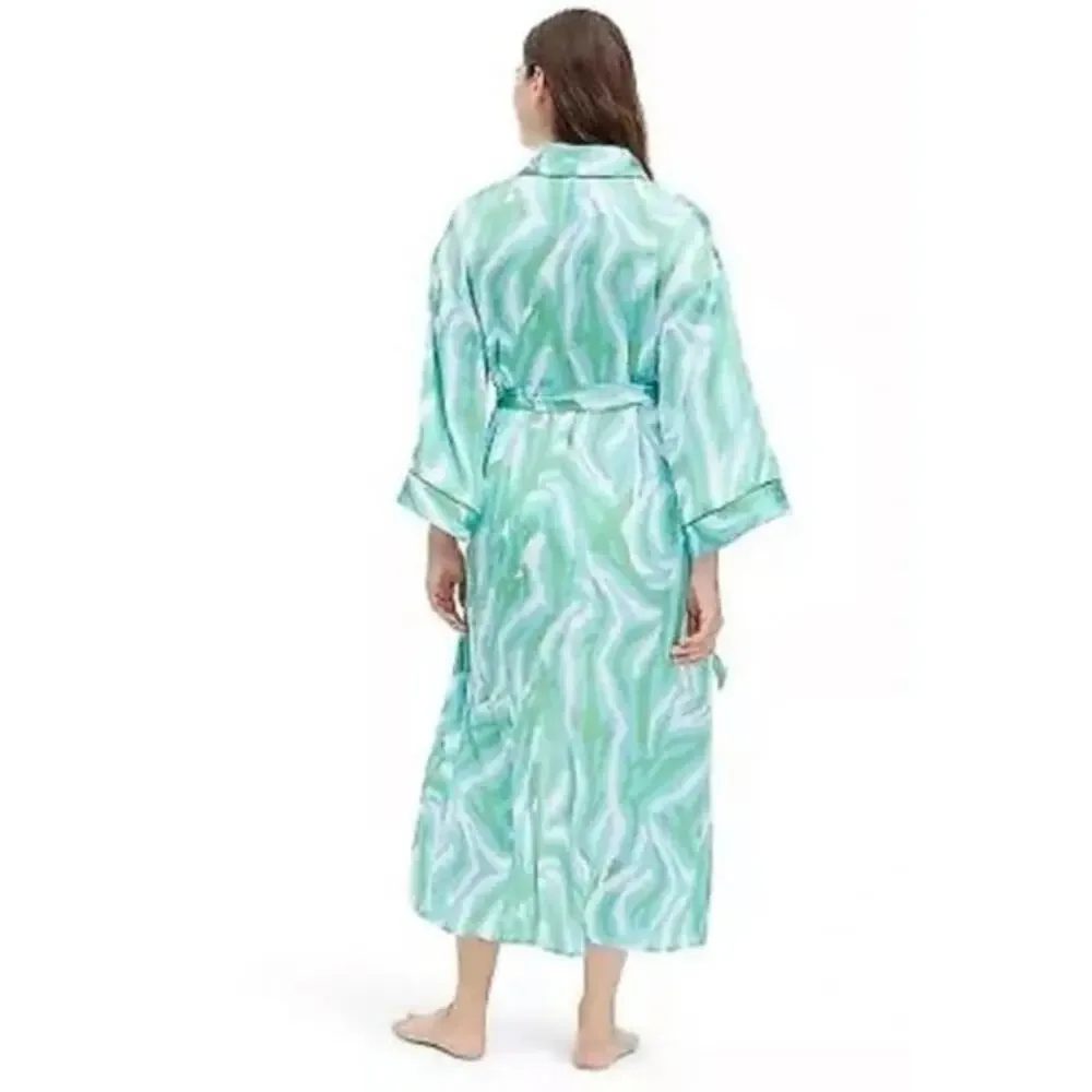 New Diane Von Furstenberg Women's Long Satin Disco Zebra Green Robe XS
